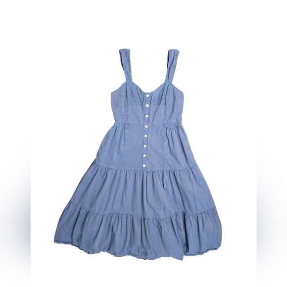 Madewell Button-Front Tiered Midi Dress in Stripe Size 0 Cerulean Blue - Picture 6 of 9